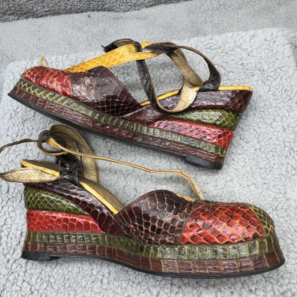 Terry de Havilland Platform Wedge Slingback Patchwork Sandals 70s Sz US 8 Honey - Picture 5 of 16